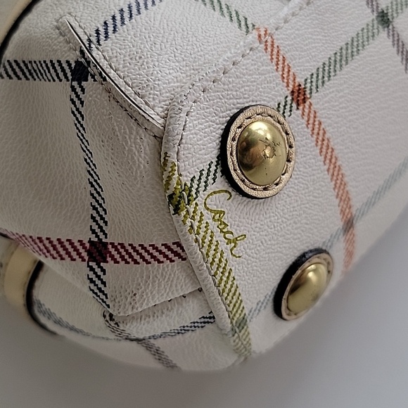 Coach Tattersall Plaid Peyton Pebbled Leather Shoulder Bag Cream Gold Pink Blue - Picture 3 of 16